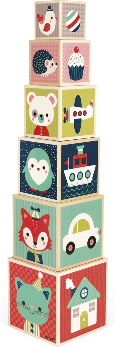 Janod Houten Stapeltoren Baby Forest 6-Blokken - Multi