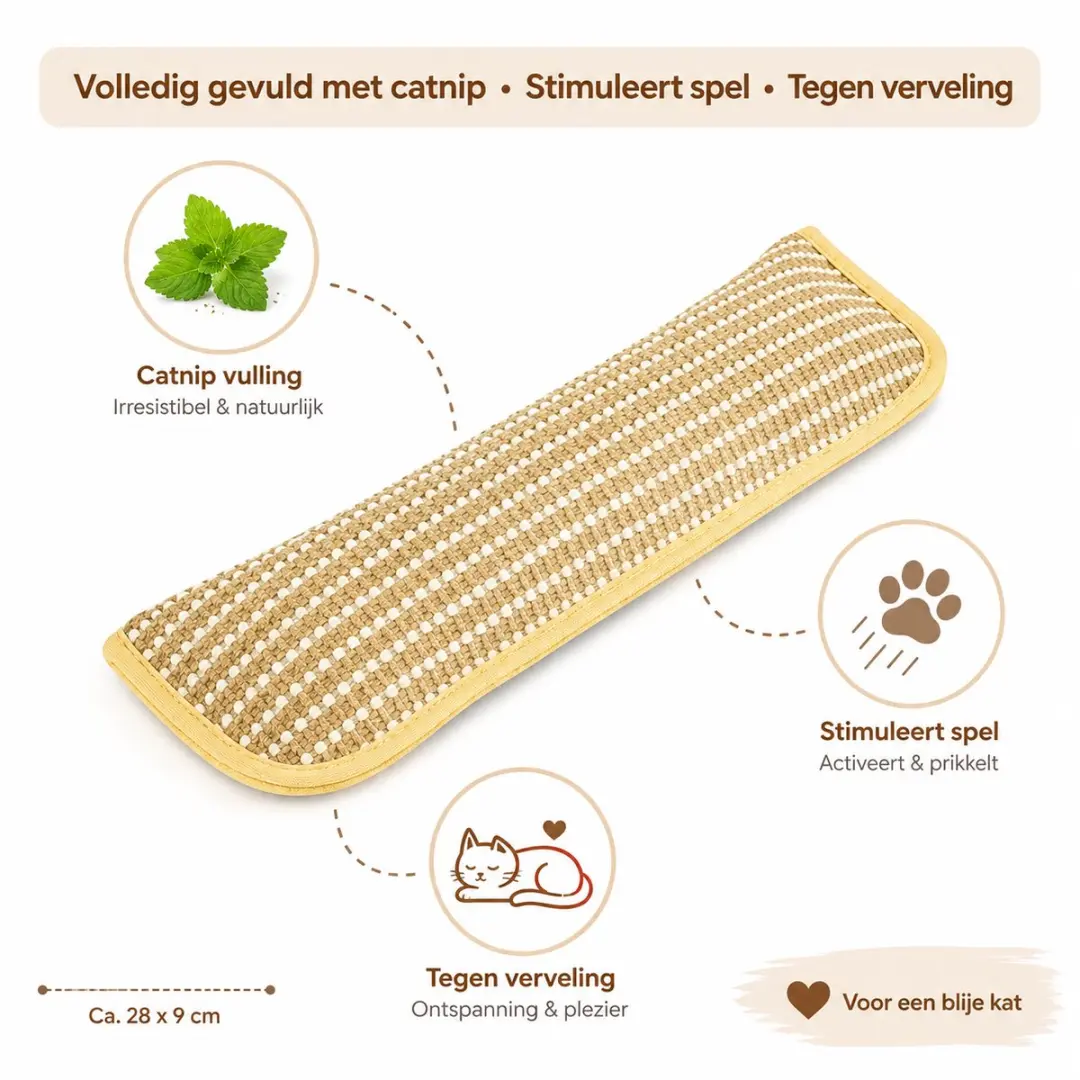 ECTEATOY Natuurlijk Kattenkruid Speelgoed Kussen 34x9,5cm - Beige/Wit