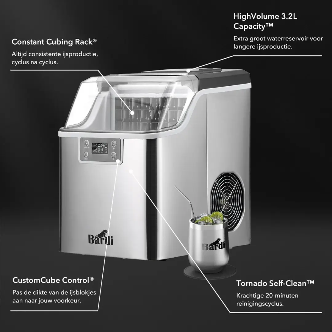 Bardi 3,2L Deluxe IJsblokjesmachine - 20Kg/24u - Zilver