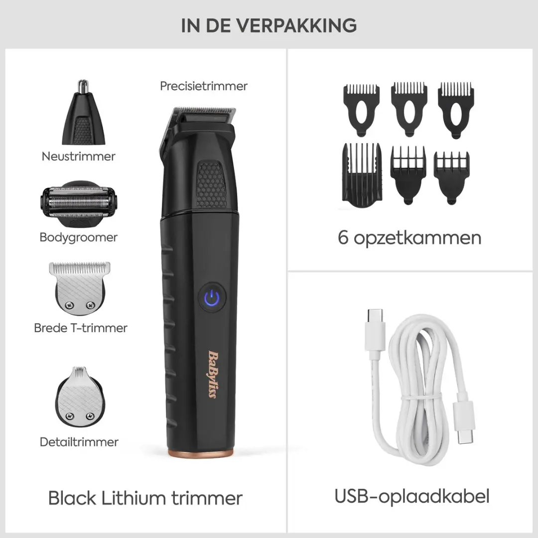 Babyliss Black Lithium MT814E Multigroomer - 11-in-1 - 6 Opzetkammen - 0.4-10mm