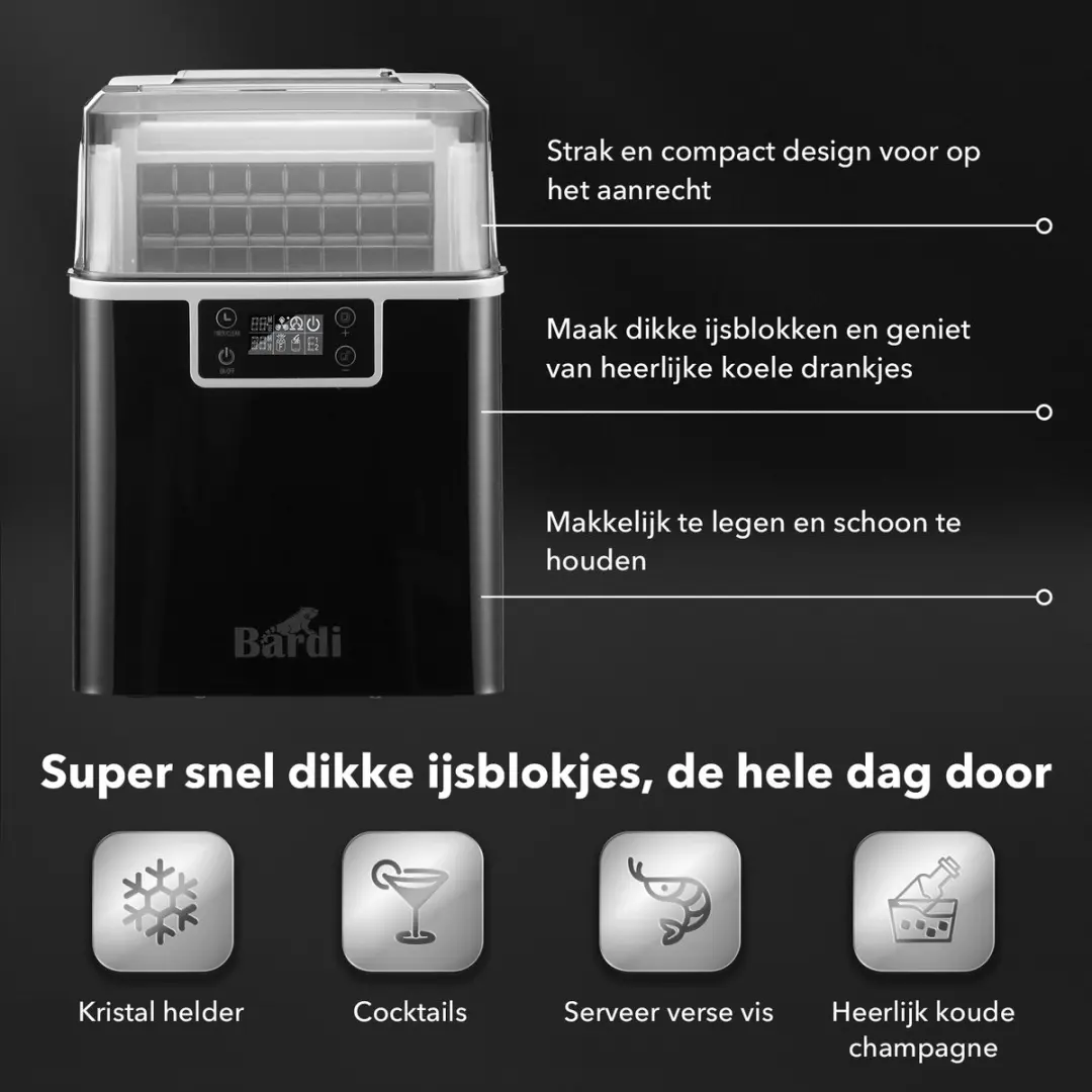 Bardi 3,2L Deluxe IJsblokjesmachine - 20Kg/24u - Zwart