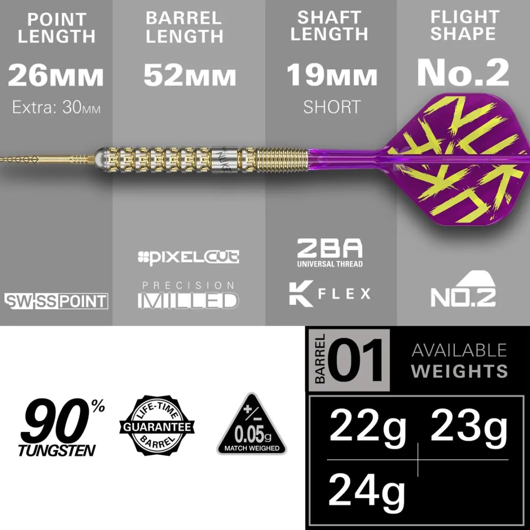 Target Darts Luke Littler Gen 1 Prodigy Steel Tip 24G - 90% Tungsten - 3 Stuks - afbeelding 6 van 6