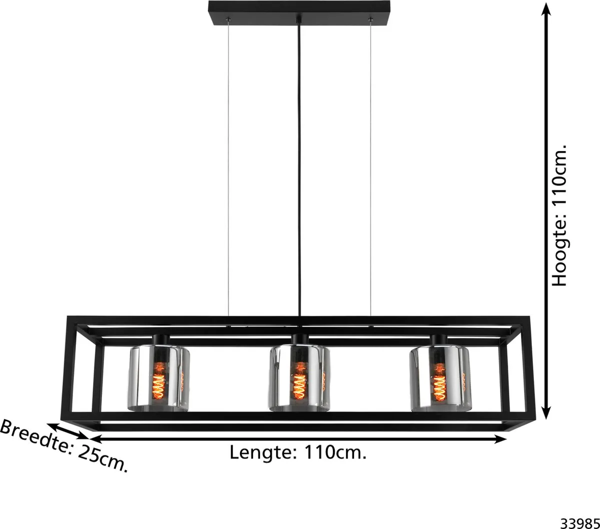 Eglo Brisling Hanglamp E27 110cm - Rookglas - Zwart - afbeelding 6 van 6