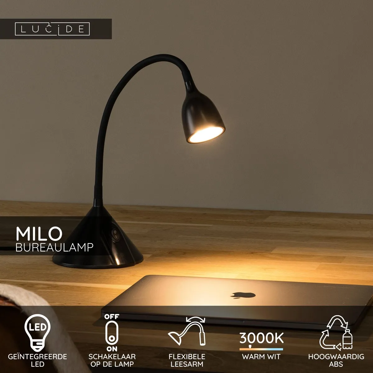 Lucide MILO Bureaulamp - Ø12,8cm LED 3000K - Zwart