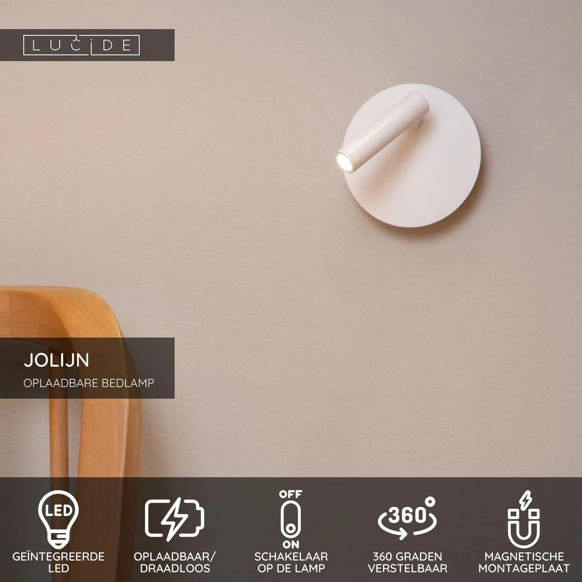 Lucide JOLIJN Oplaadbare Bedlamp/Wandlamp 1x2W 3000K - Wit