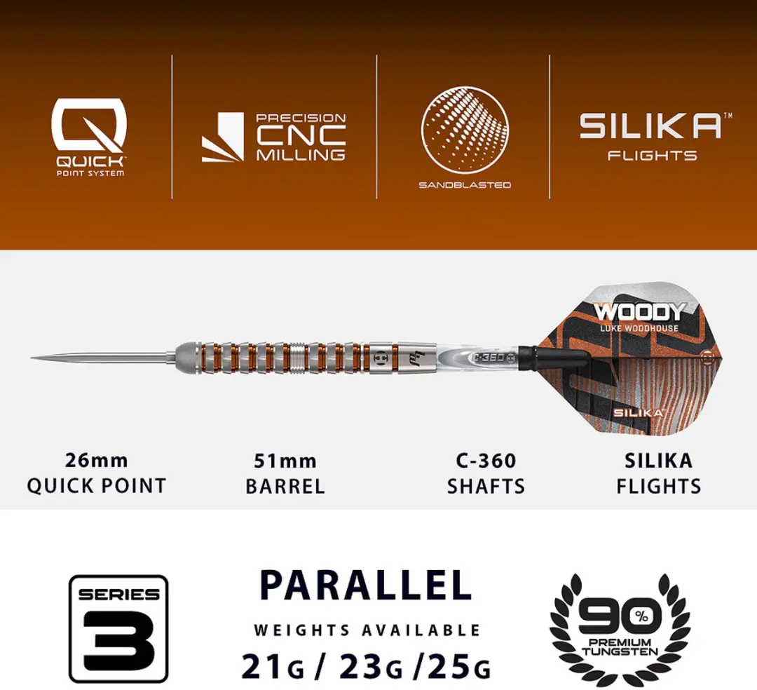 Harrows Luke Woodhouse Series 3 Dartset 90% Tungsten 21gr - 3 Stuks - Oranje/Zilver