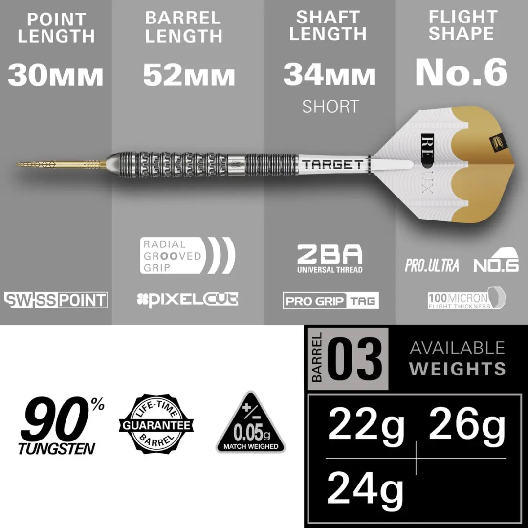 Target Redux 90% Tungsten Steeltip Dartset - Barrel 03 - 3 Stuks - afbeelding 6 van 6