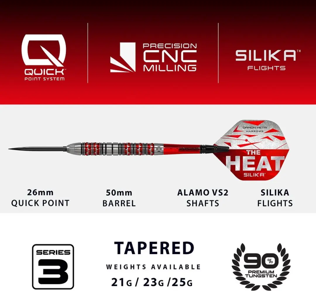 Harrows Damon Heta Series 3 BD86223-QP Darts - 23g - 3 Stuks - Rood/Zilver