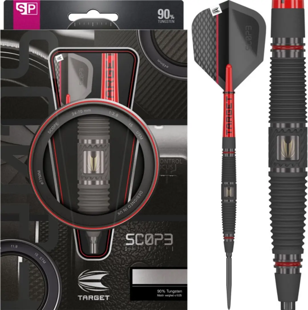 Target Darts Scope Steel Tip Dartset 3 Stuks - Barrel 04 - 90% Tungsten - PVD Zwart/Rood