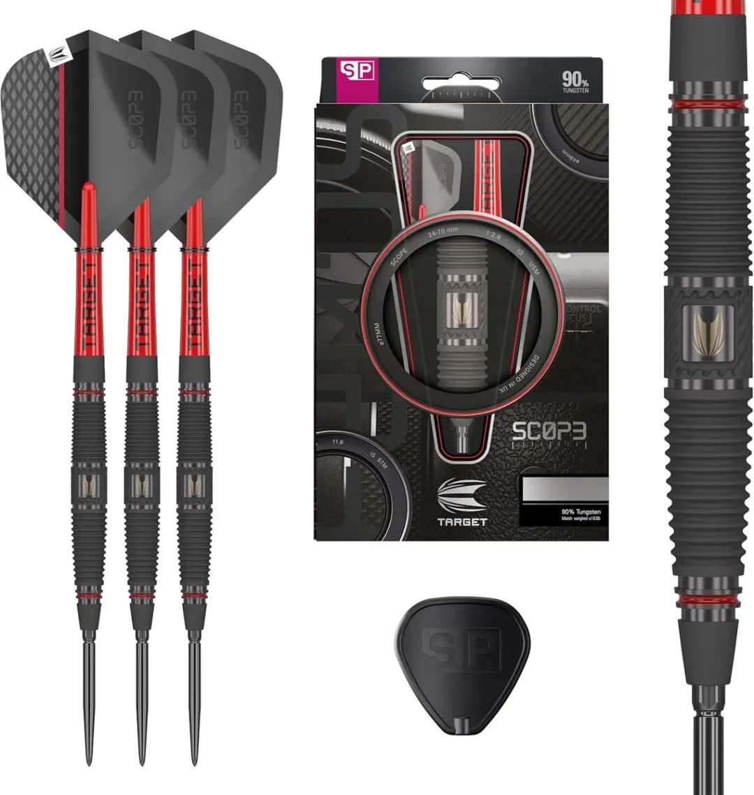 Target Darts Scope Steel Tip Dartset 3 Stuks - Barrel 04 - 90% Tungsten - PVD Zwart/Rood
