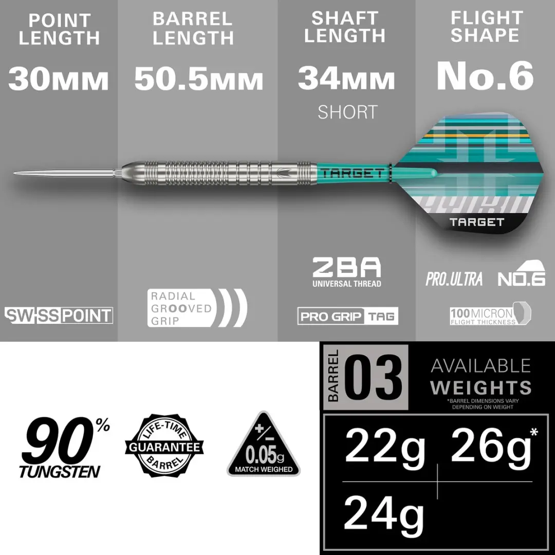 Target Darts Hydro Steel Tip Set - 3 Stuks - Barrel 03 - 90% Tungsten