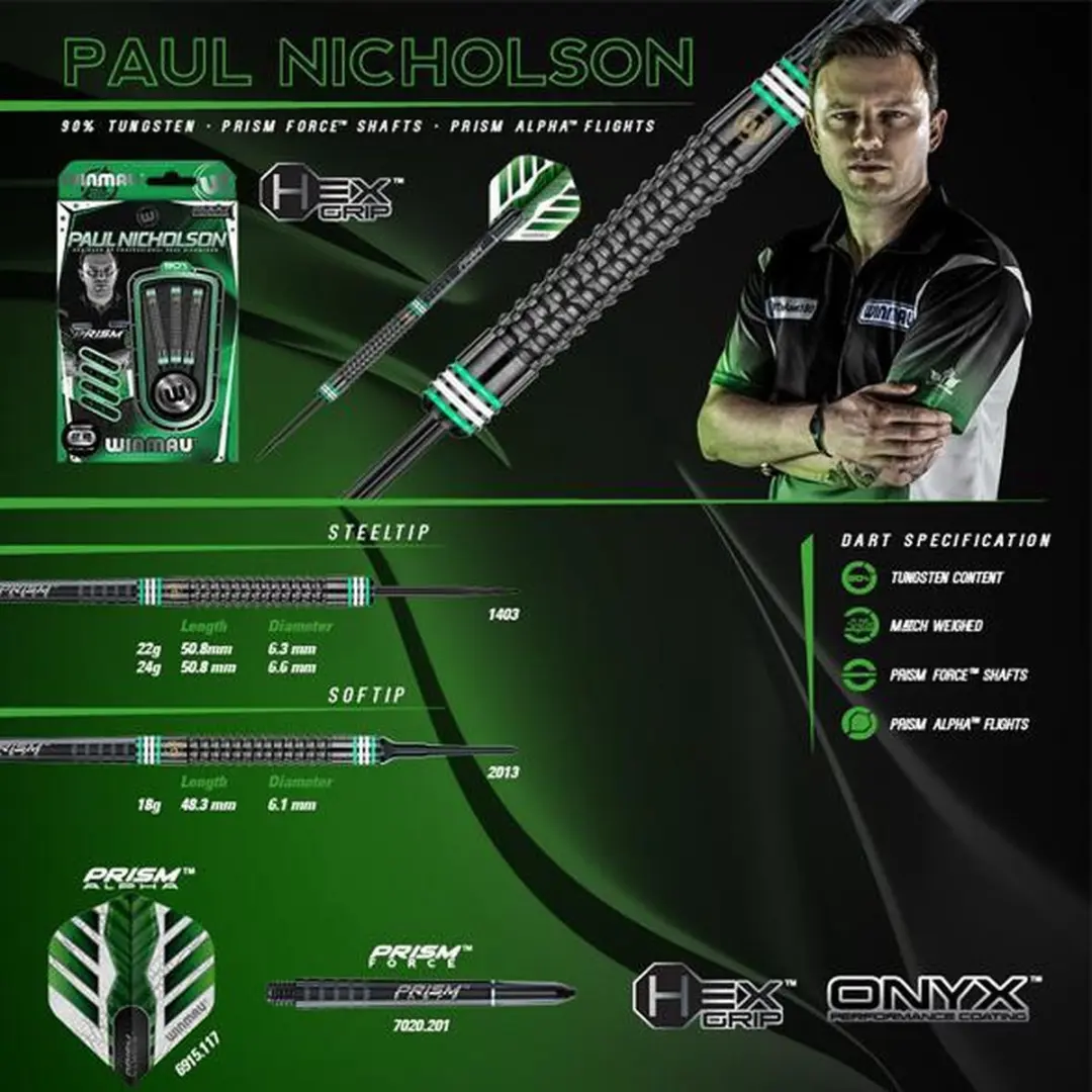 Winmau Paul Nicholson 90% Onyx Dartpijlen 22g - 3 Stuks
