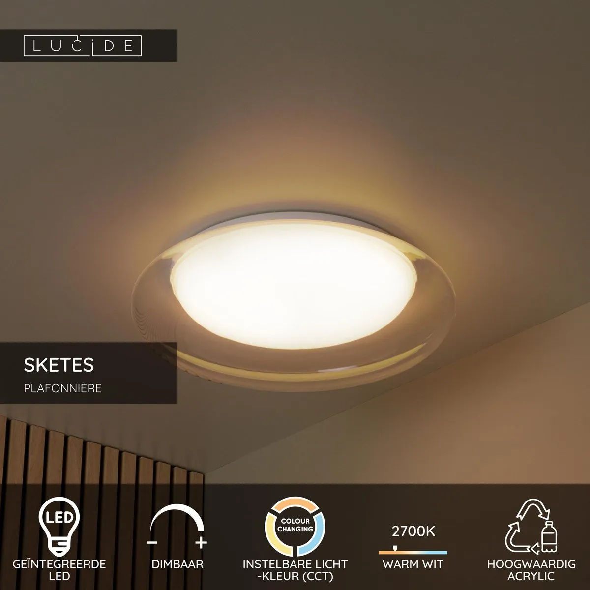 Lucide SKETES Plafonnière Ø45,7cm - LED Dimbaar 2700K/4000K - Transparant
