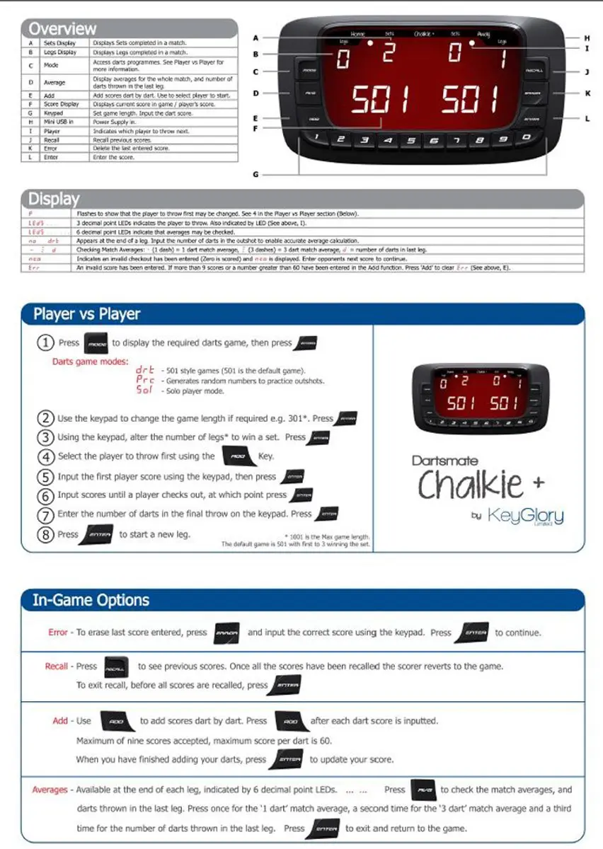 KeyGlory Dartsmate Chalkie Plus Black Edition Elektronisch Scorebord - Zwart