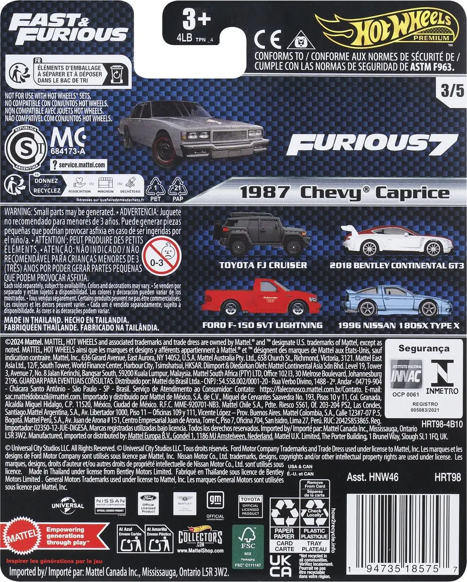 Hot Wheels Fast & Furious HRT98 Speelgoedvoertuig - 1987 Chevy Caprice Grijs