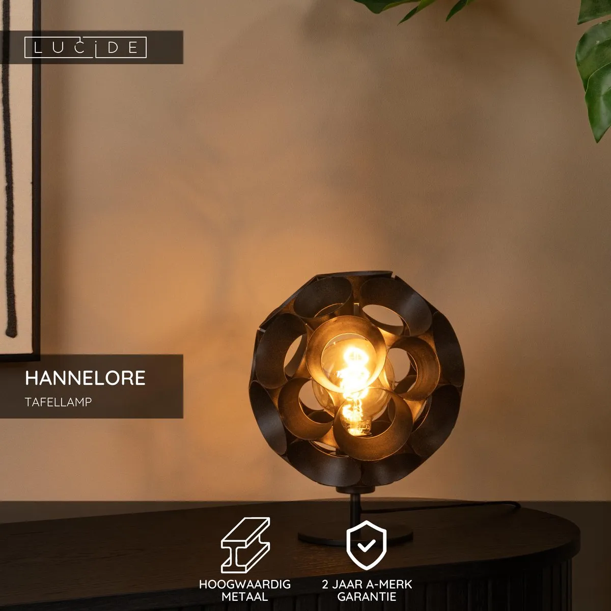Lucide Hannelore Tafellamp Ø25cm - 1xE27 - Zwart