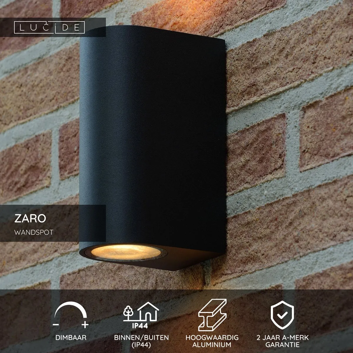 Lucide ZARO Wandspot 2xGU10 - IP44 Zwart