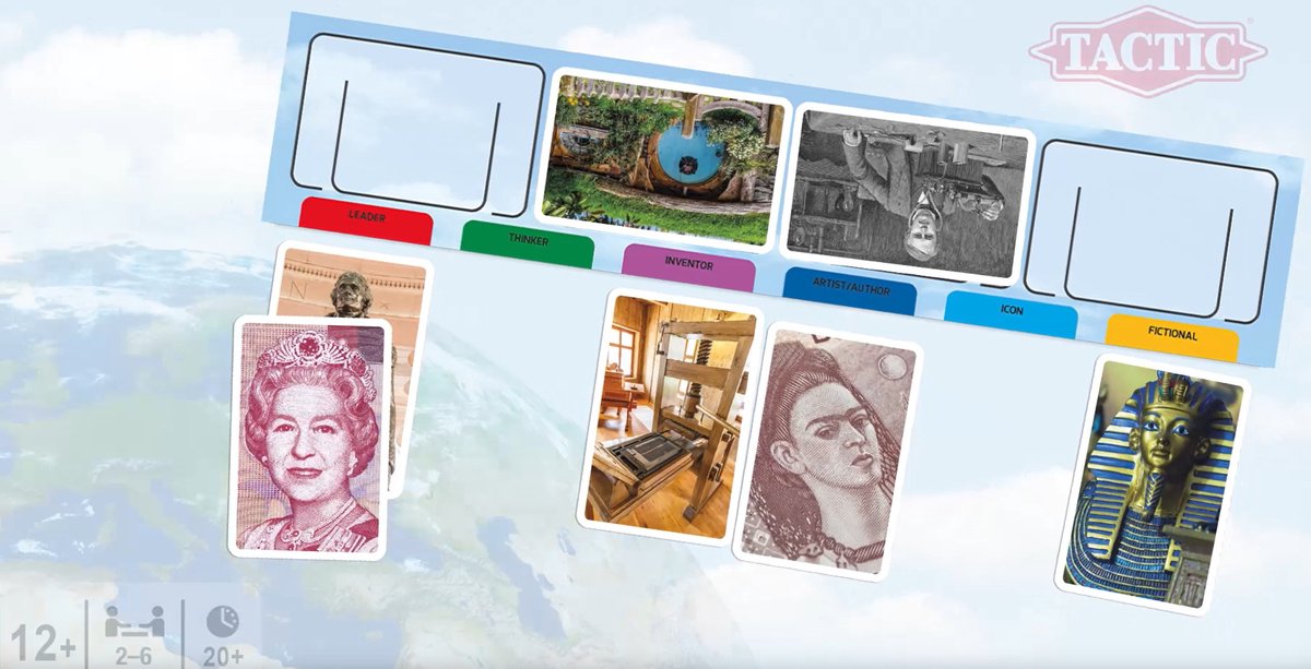 Tactic Helden van de Wereld – Educatief spel – Leer wereldberoemde personen – 185 Kaarten – 6 Speelborden met werelddelen