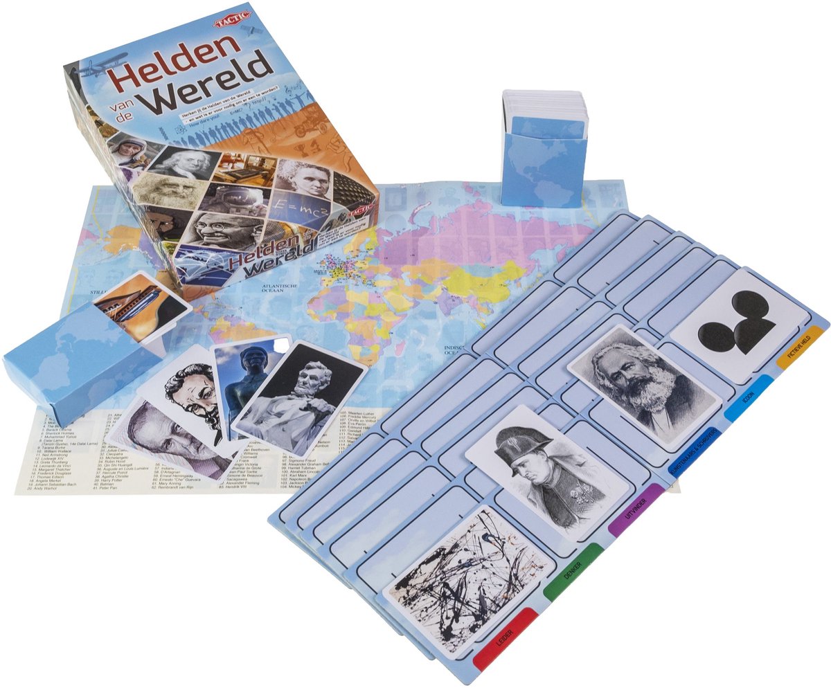 Tactic Helden van de Wereld – Educatief spel – Leer wereldberoemde personen – 185 Kaarten – 6 Speelborden met werelddelen