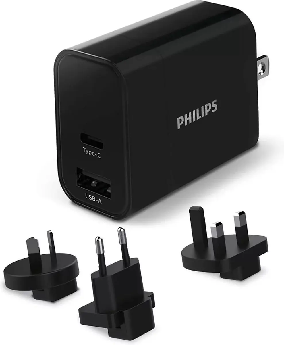 Philips Ultra Fast Wereldstekker 30W - 2x USB - Zwart