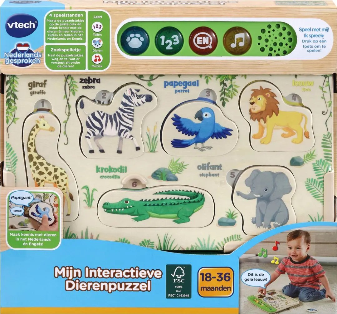VTech Mijn Interactieve Dierenpuzzel - 6 Stuks - Groen/Bruin