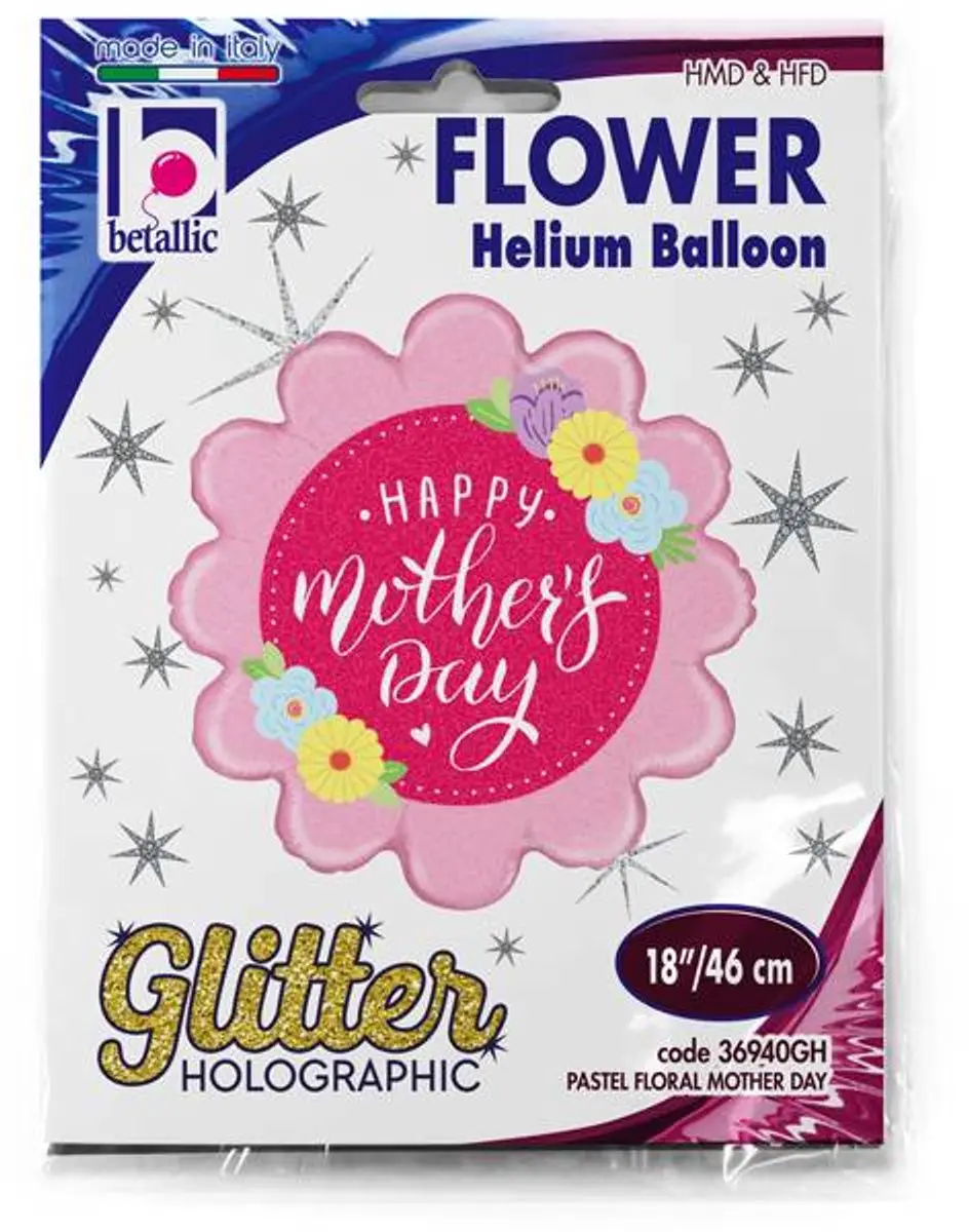 Grabo Folieballon Pastelkleurige Bloemen 46cm - Holografische Glitter