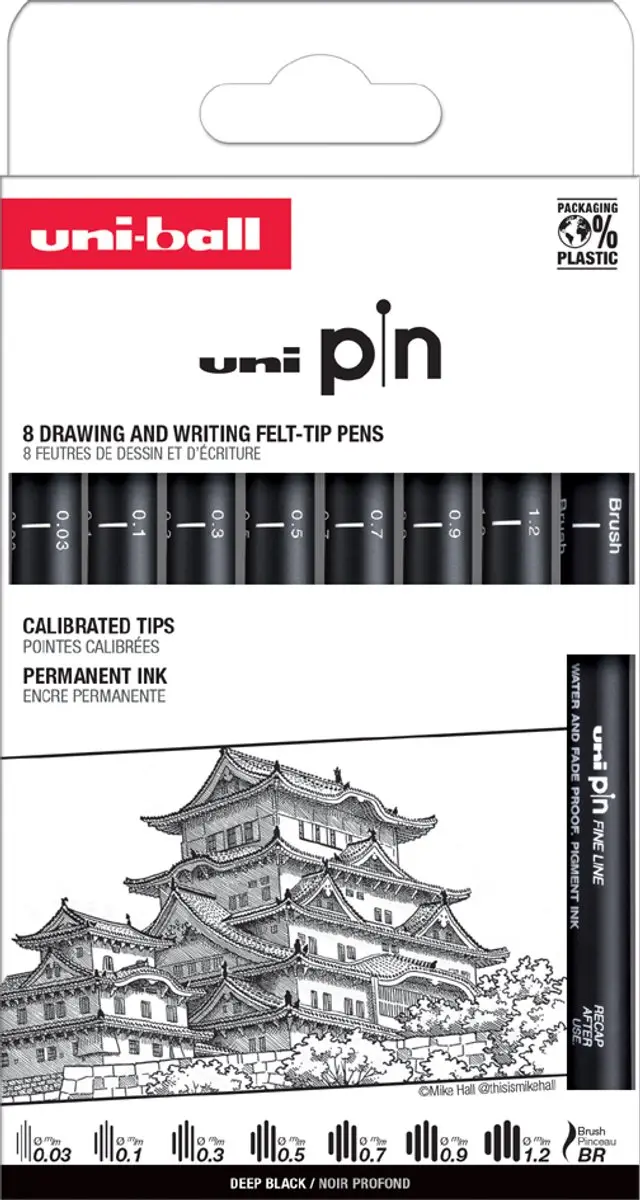 uni-ball Pin ASP8 Set - 5 Stuks - Zwart - Blauwe Inkt