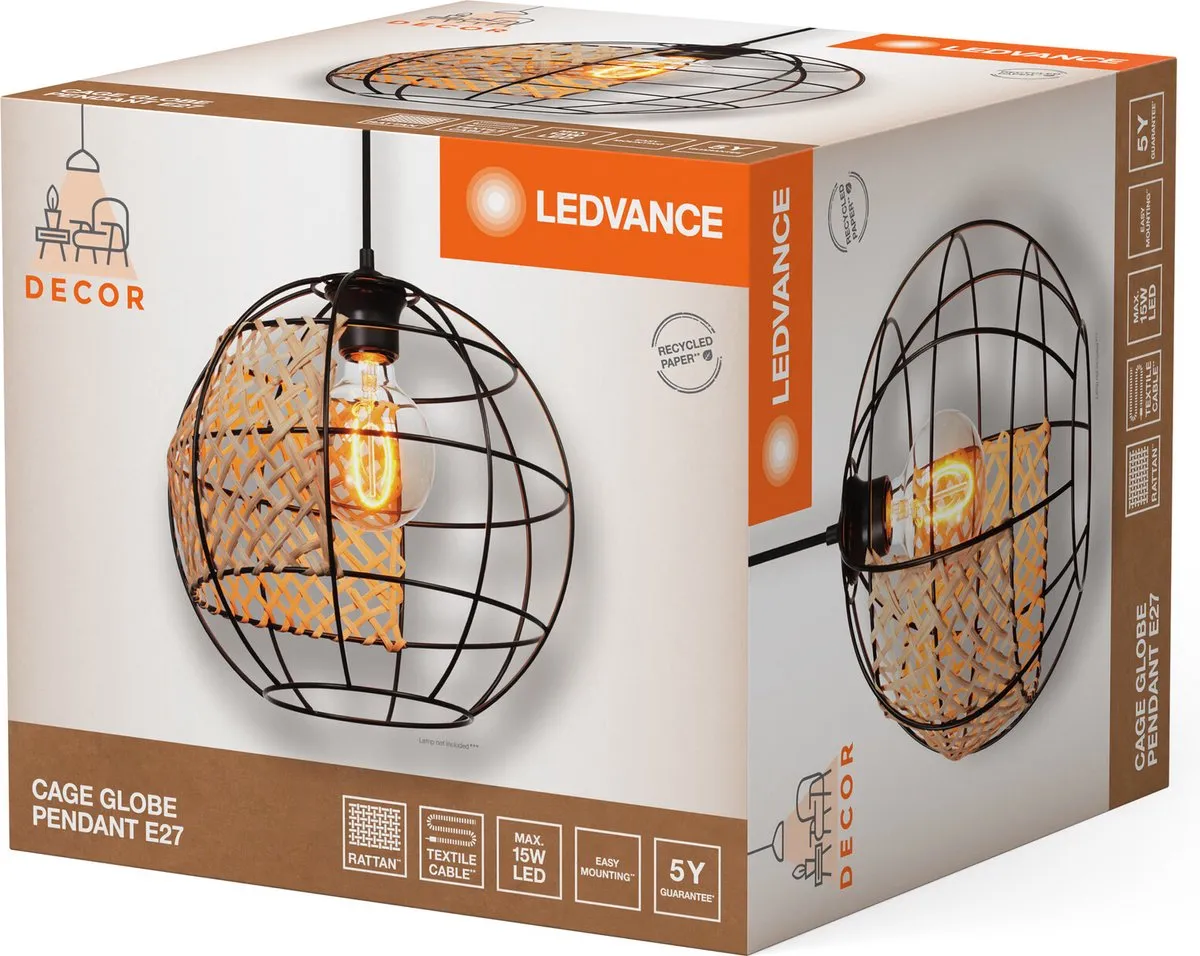 LEDVANCE Decor Cage Globe Hanglamp E27 - Zwart/Bruin - Ø30cm - afbeelding 6 van 6