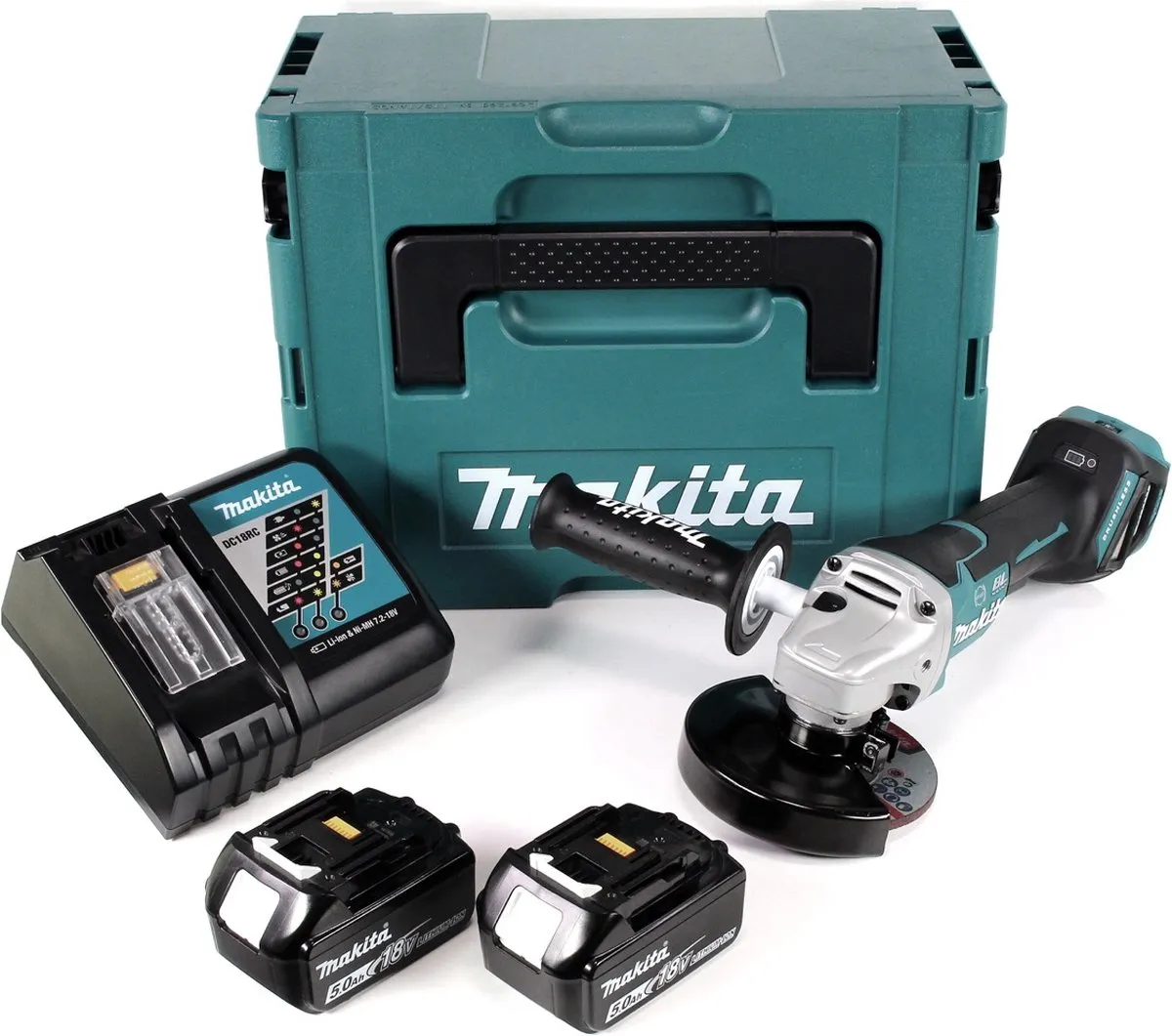 Makita DGA 517 RTJ Haakse Slijper 18V - 125mm - 2x 5.0Ah + Lader + Makpac