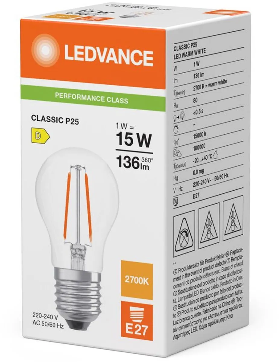 LEDVANCE LED Classic P45 Filament E27 1W 136lm 2700K - Ø45mm