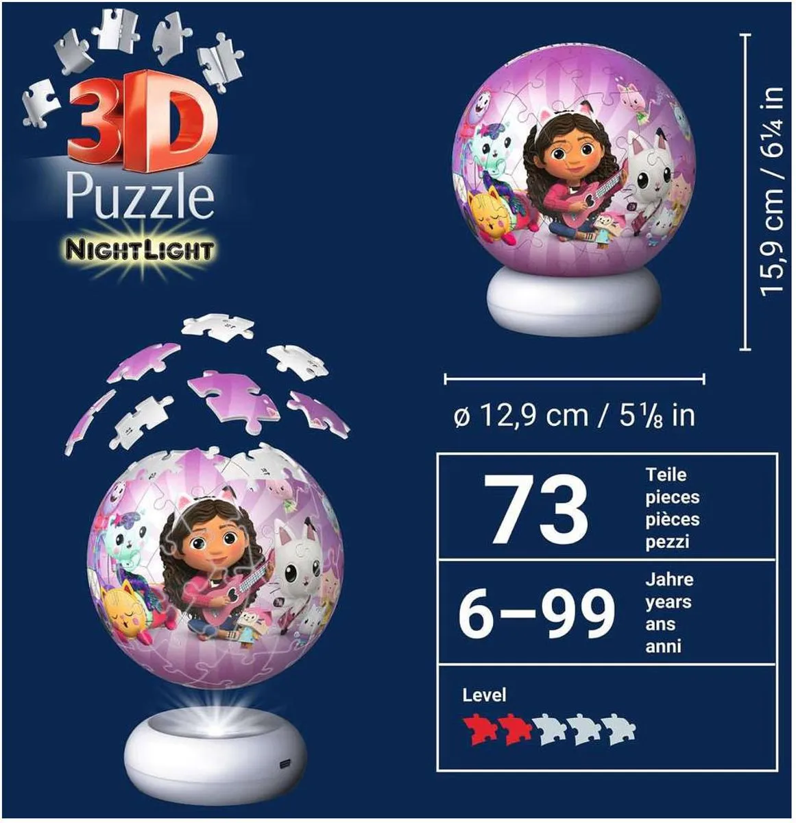 Ravensburger Gabby’s Dollhouse 3D Puzzle-Ball Nachtlicht 73 Stukjes - afbeelding 6 van 6
