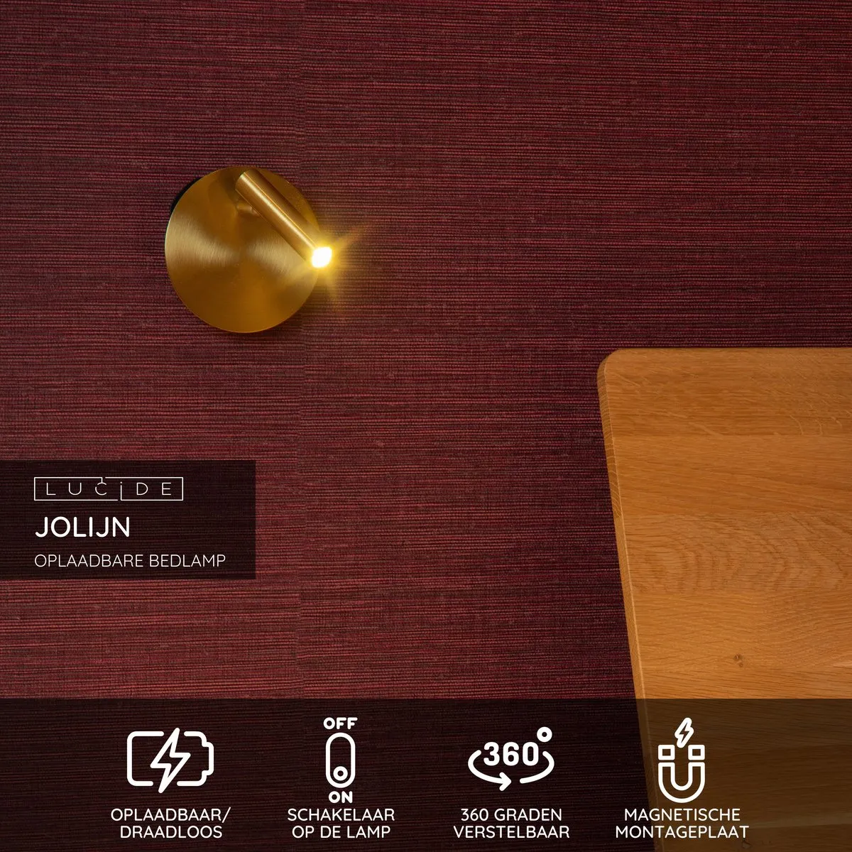 Lucide JOLIJN Oplaadbare Bedlamp - Ø10,2cm LED 3000K - Mat Goud/Messing