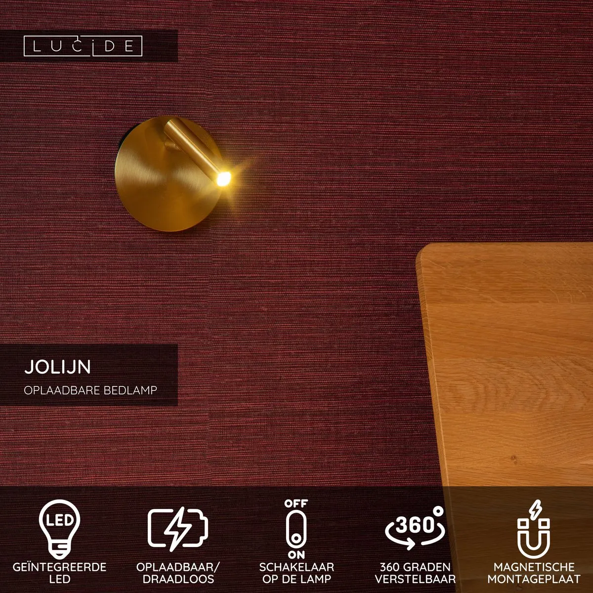 Lucide JOLIJN Oplaadbare Bedlamp - Ø10,2cm LED 3000K - Mat Goud/Messing