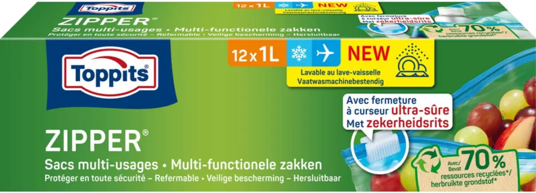Toppits Zipper Multifunctionele Zakken 1L - 12 Stuks - Multicolor