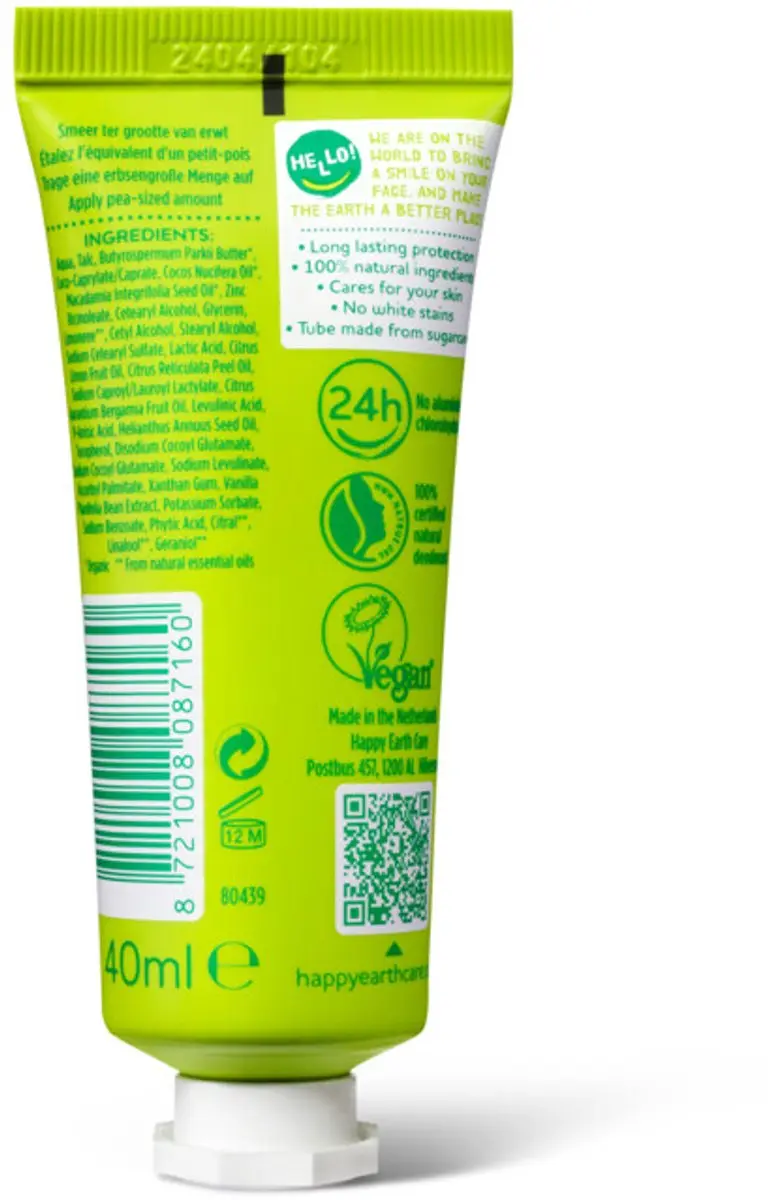 Happy Earth Deodorant Cream Bergamot 160ml - 4 Stuks
