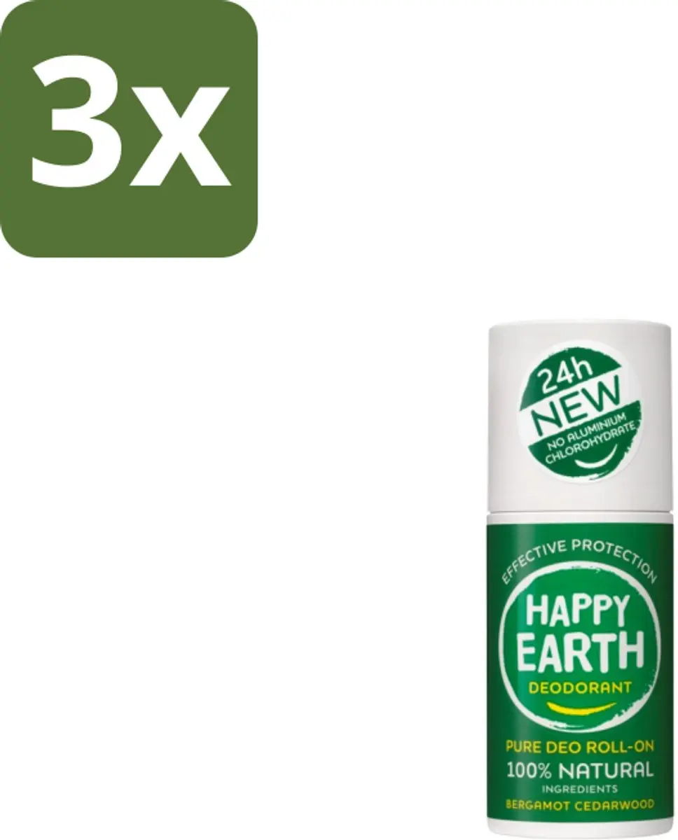 Happy Earth Deodorant Roll-On Bergamot Cederhout 225ml (3x75ml)