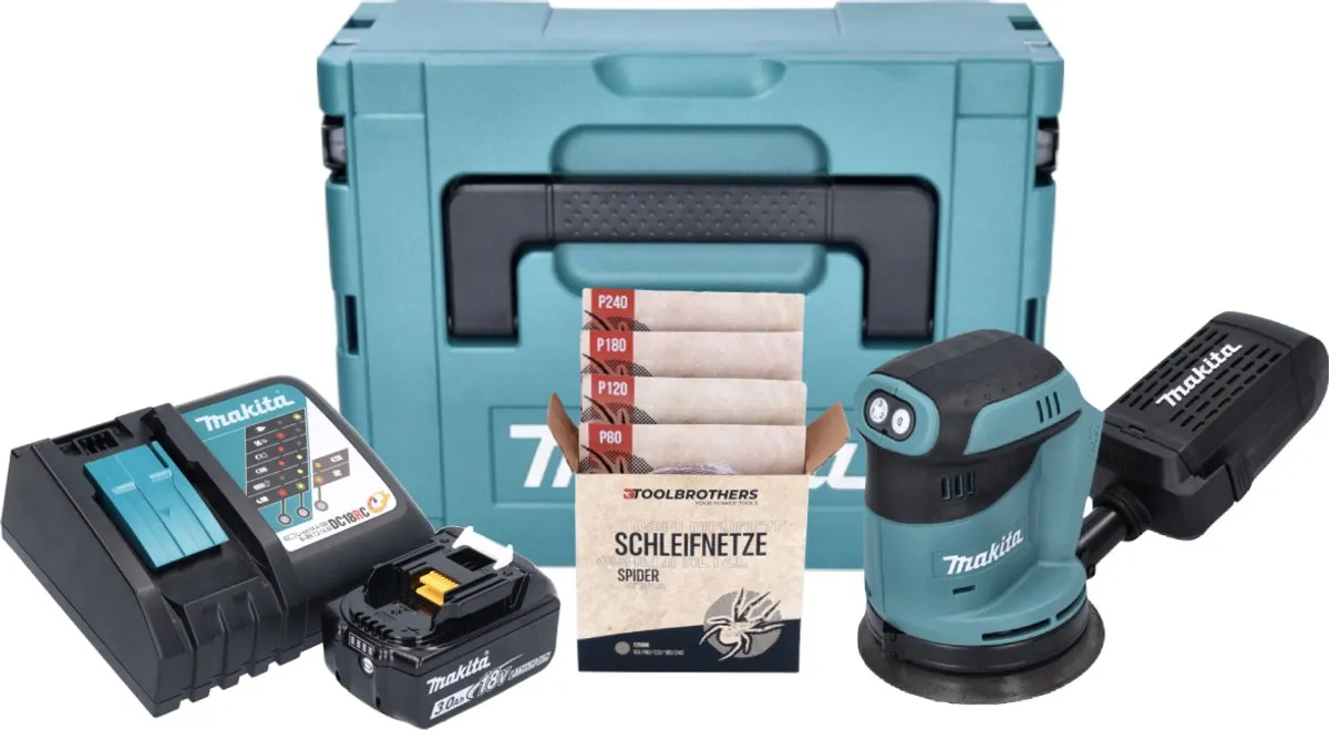 Makita DBO 180 RF1J Excentrische Schuurmachine 18V - 125mm - 3,0Ah + Toolbrothers SPIDER Schuurset - afbeelding 4 van 5