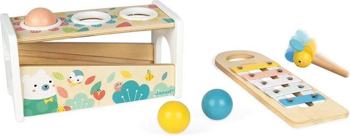 Janod Pure - Tap Tap Xylofoon - Behendigheidsspel - 2 Spelletjes In 1: Een Bijenhamer Om Op De 3 Vallende Ballen Te Slaan En Een Uitneembare Xylofoon Om Overal Te Kunnen Spelen! - Geschikt Vanaf 1 Jaar