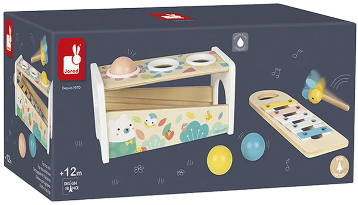 Janod Pure - Tap Tap Xylofoon - Behendigheidsspel - 2 Spelletjes In 1: Een Bijenhamer Om Op De 3 Vallende Ballen Te Slaan En Een Uitneembare Xylofoon Om Overal Te Kunnen Spelen! - Geschikt Vanaf 1 Jaar