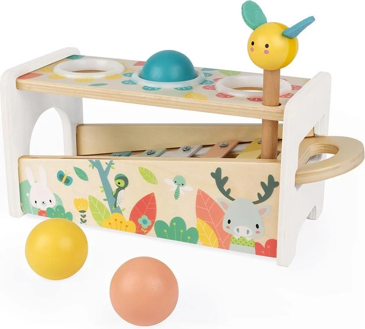 Janod Pure - Tap Tap Xylofoon - Behendigheidsspel - 2 Spelletjes In 1: Een Bijenhamer Om Op De 3 Vallende Ballen Te Slaan En Een Uitneembare Xylofoon Om Overal Te Kunnen Spelen! - Geschikt Vanaf 1 Jaar
