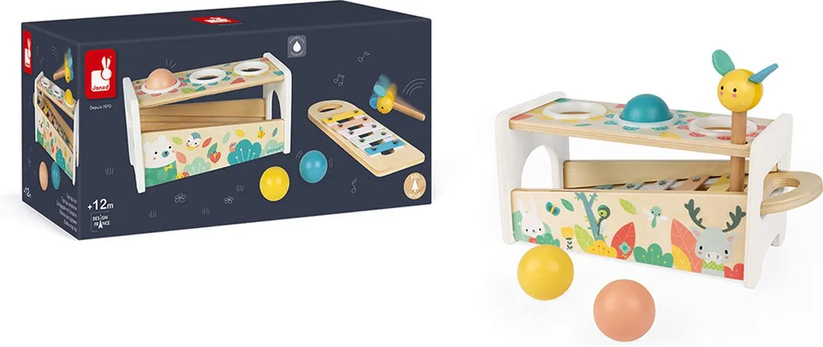 Janod Pure - Tap Tap Xylofoon - Behendigheidsspel - 2 Spelletjes In 1: Een Bijenhamer Om Op De 3 Vallende Ballen Te Slaan En Een Uitneembare Xylofoon Om Overal Te Kunnen Spelen! - Geschikt Vanaf 1 Jaar
