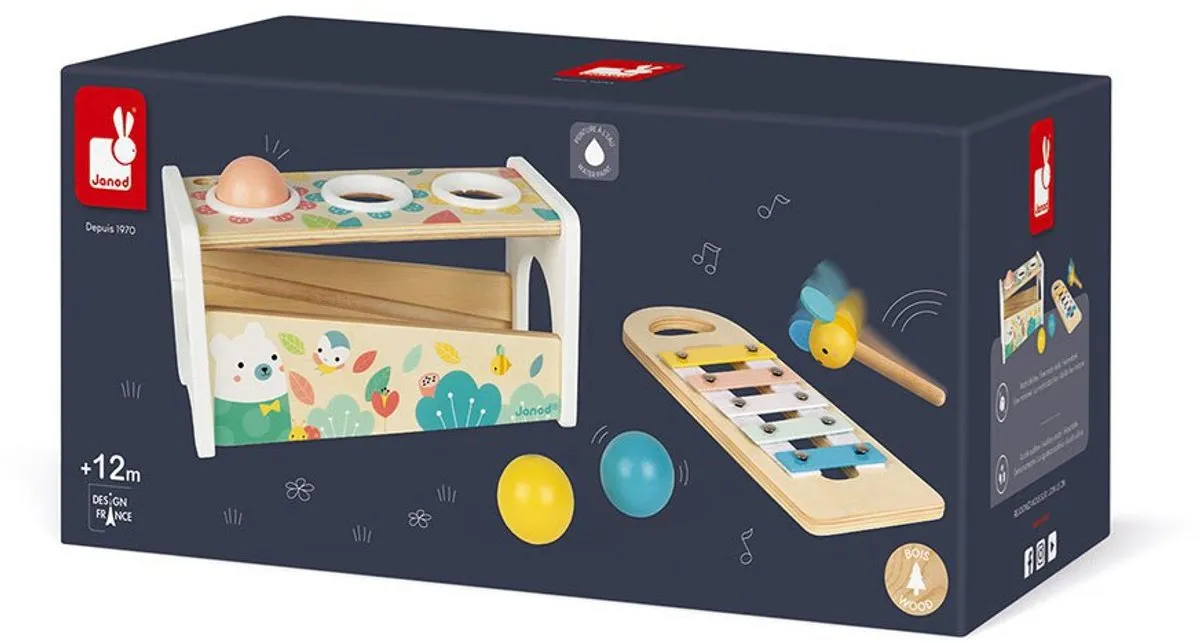 Janod Pure - Tap Tap Xylofoon - Behendigheidsspel - 2 Spelletjes In 1: Een Bijenhamer Om Op De 3 Vallende Ballen Te Slaan En Een Uitneembare Xylofoon Om Overal Te Kunnen Spelen! - Geschikt Vanaf 1 Jaar
