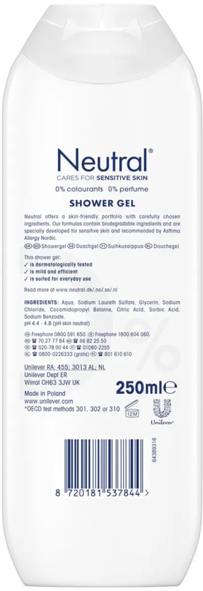 Neutral Douchegel Parfumvrij 250ml - 10 Stuks
