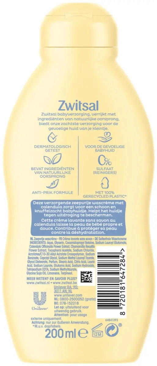 Zwitsal Zeepvrije Wascrème 200ml - 5 Stuks