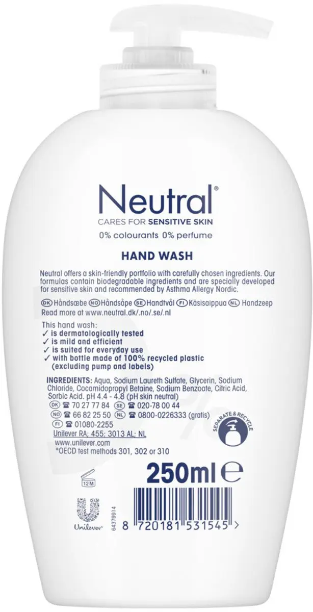 Neutral Vloeibare Handzeep 250ml - 0% Parfum/Kleurstof - 20 Stuks