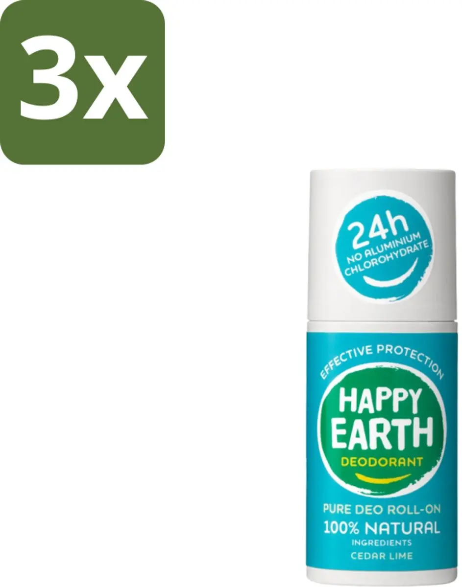 Happy Earth Deodorant Roll-On Cedar Lime 225ml (3x75ml)