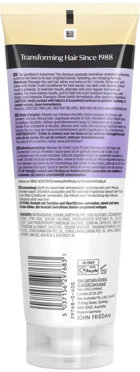 John Frieda Violet Crush Purple Shampoo 6x250ml