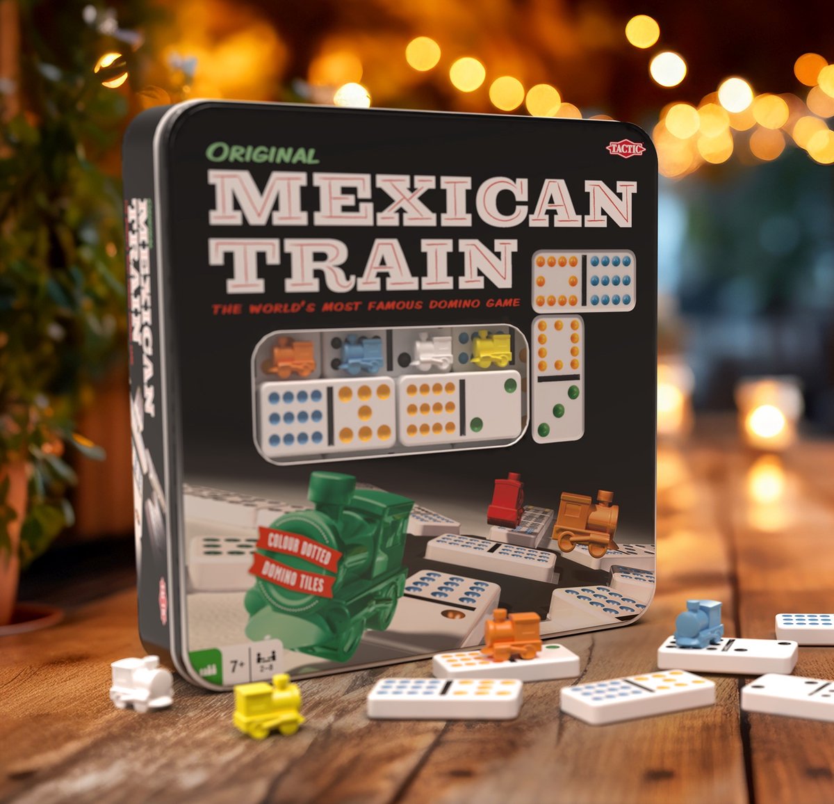 Tactic Domino Mexican Train – Bordspel – Luxe Tin – Wereldberoemd Dominospel met Gekleurde Stenen – 2 tot 8 Spelers – Vanaf 7 Jaar