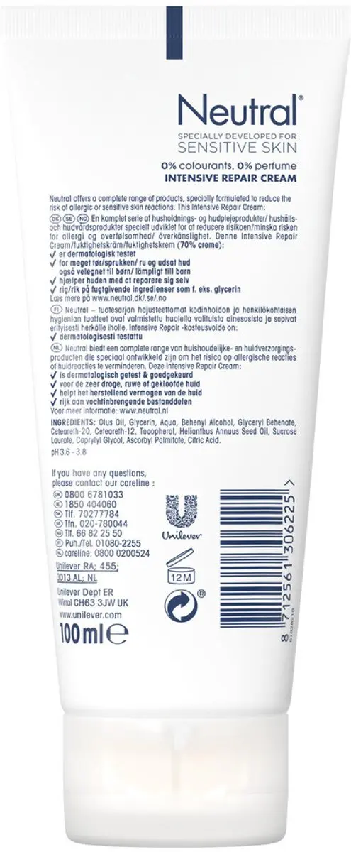 Neutral 0% Intensive Repair Cream Parfumvrij 100ml - 25 Stuks