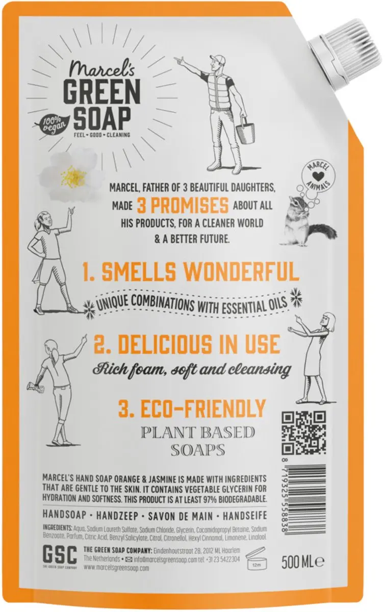 Marcel's Green Soap Handzeep Navulling Sinaasappel & Jasmijn 500ml - 2 Stuks